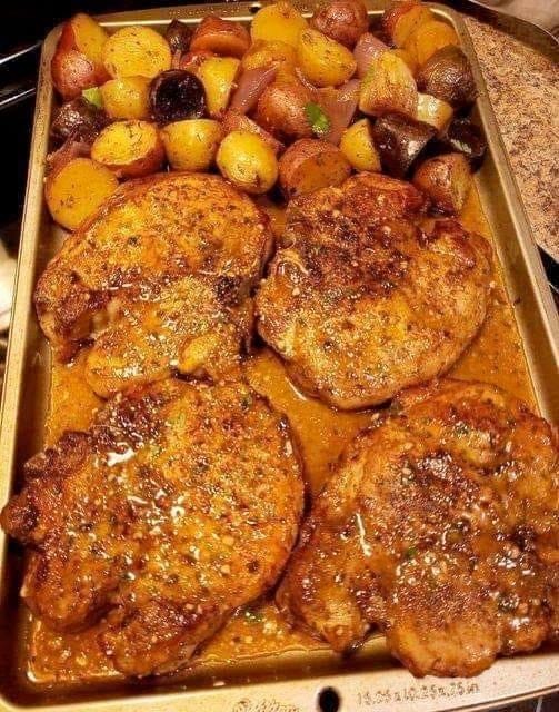 Sheet-pan pork-chops with multi-colored potatoes & red onion!￼￼