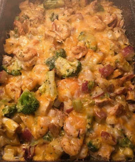 Chicken, Sautéed Shrimp, Red Skin Potatoes, Broccoli And A 3 Cheese Blend!