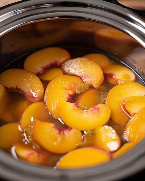 Pour a can of peaches into a slow cooker to create a timeless dessert that you’ll relish spooning into