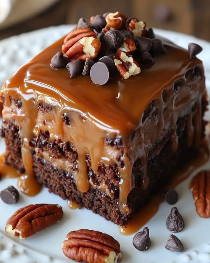 Gooey Caramel Turtle Poke Cake