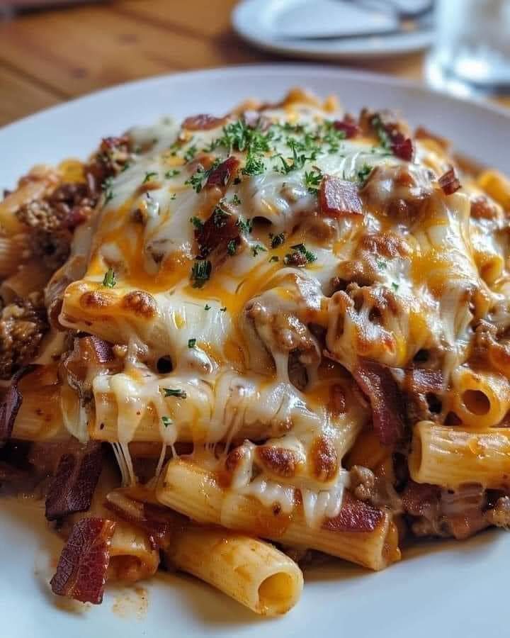 Cheesy Baked Ziti with Bacon and Ground Beef