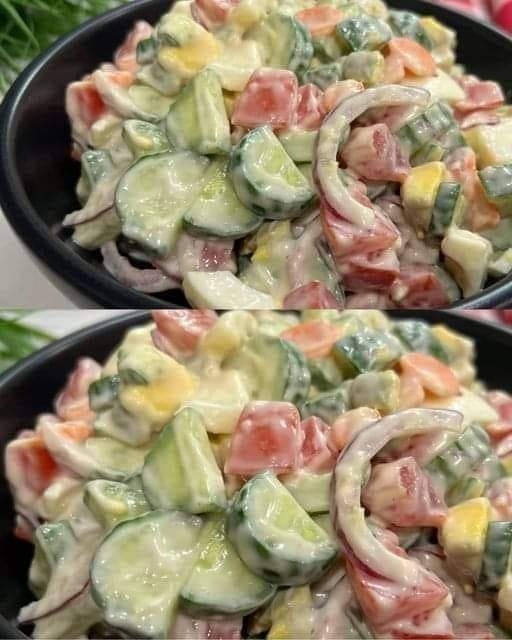 Cucumbers and tomato slices marinated in olive oil