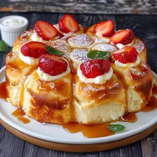 Pull-Apart Bread with Caramel Sauce and Strawberries