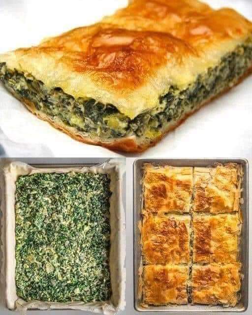 A Greek dish made with spinach and feta cheese, wrapped in phyllo pastry.