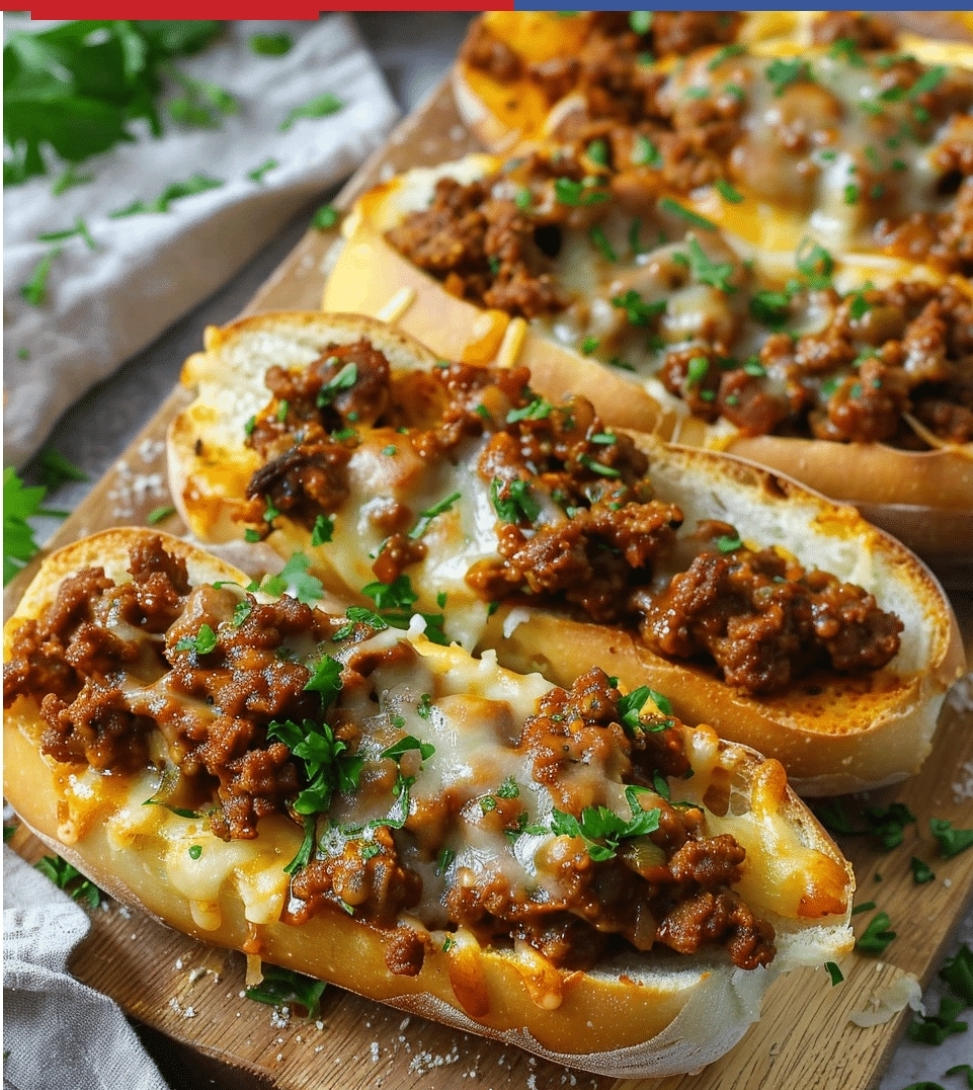 Cheesy Sloppy Joe Garlic Bread WANT TO SAVE THIS RECIPE?